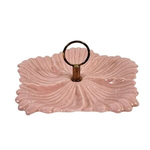Vintage California Pottery Pink Marbled Divided Serving Candy Dish Brass Handle